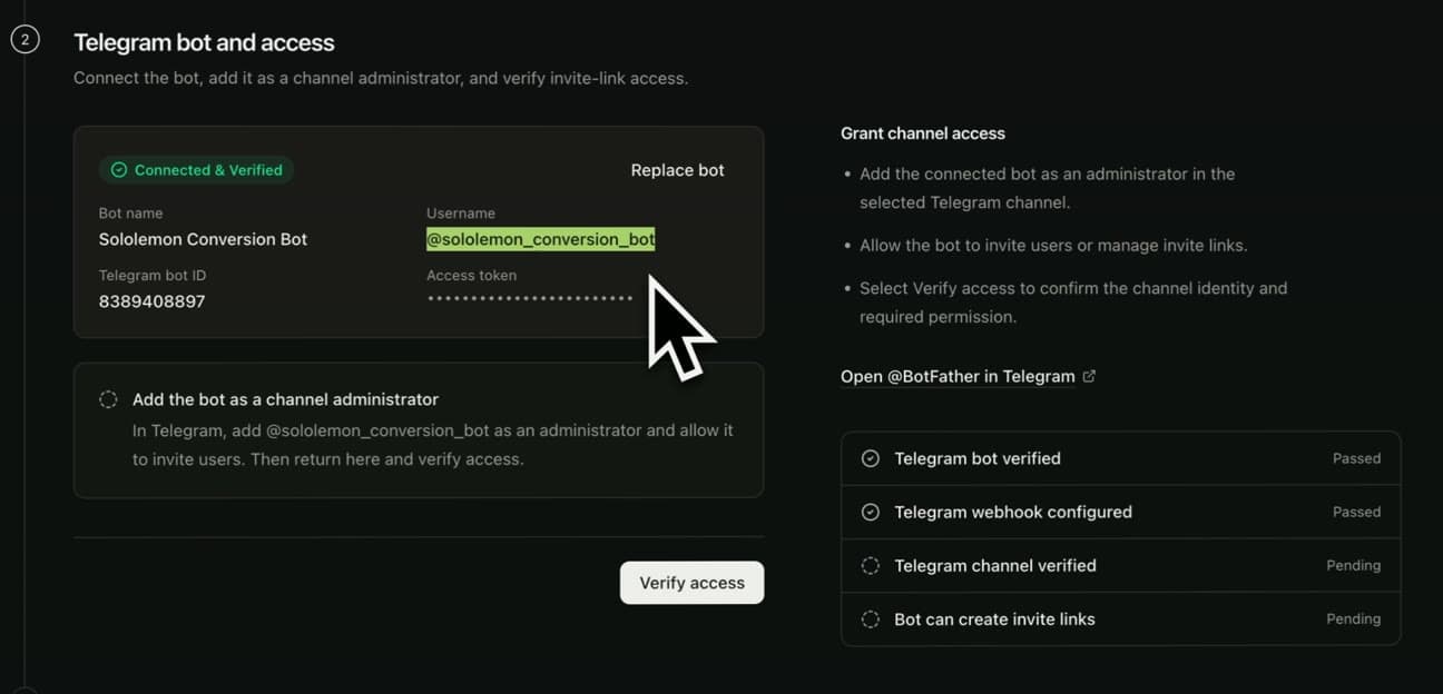 Форма налаштування перевіряє права бота в Telegram-каналі