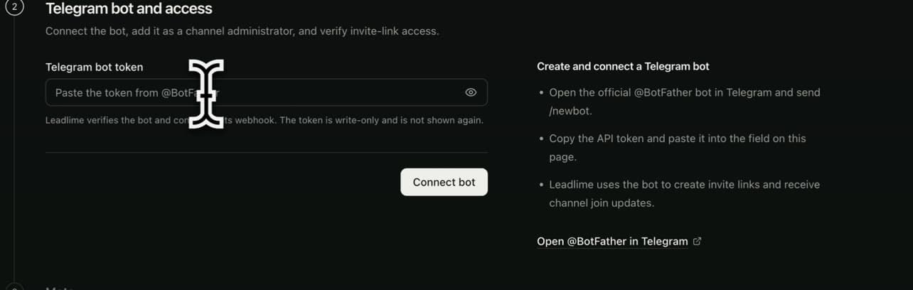 Крок підключення Telegram-бота з полем токена