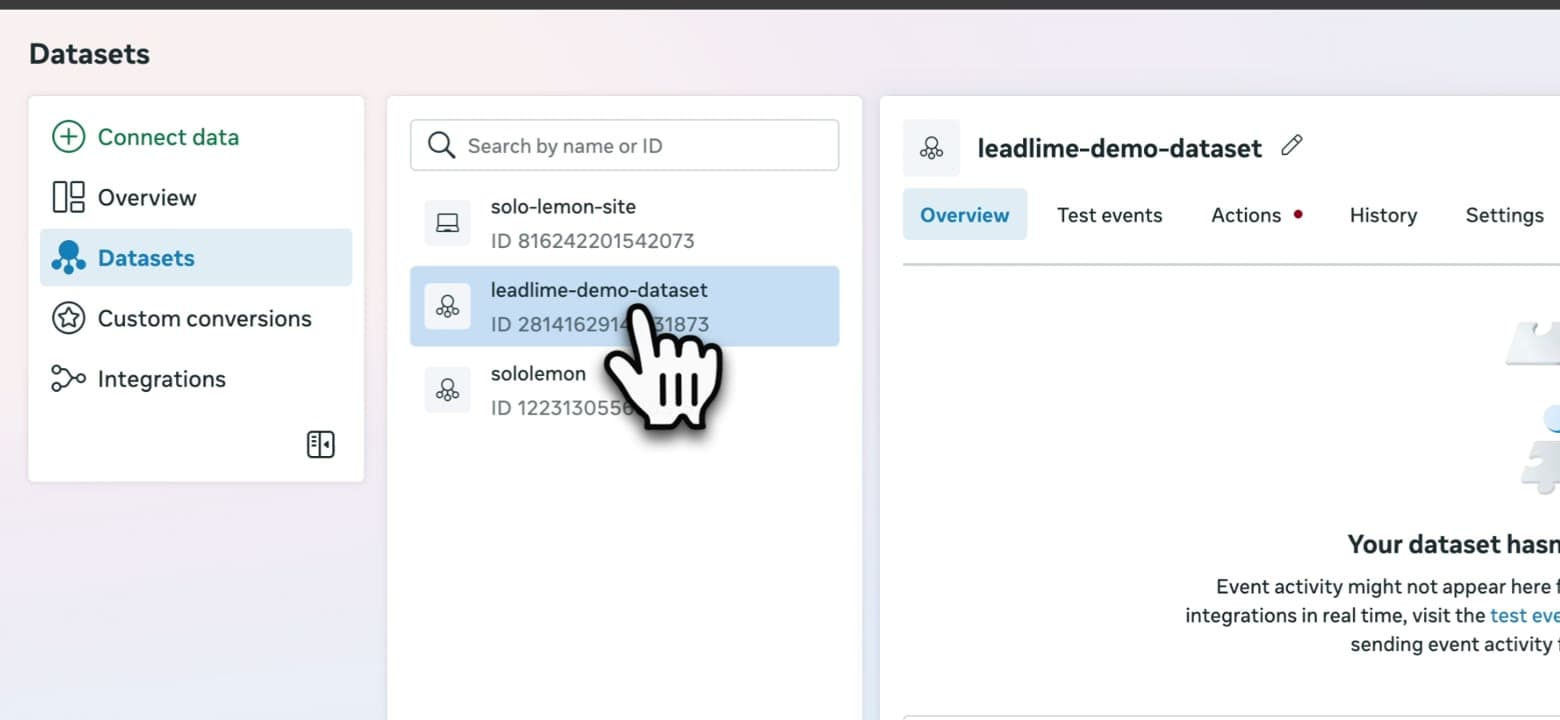 Meta Events Manager: у лівому меню вибрано Datasets, поруч список наборів даних, угорі вкладки Test events і Settings