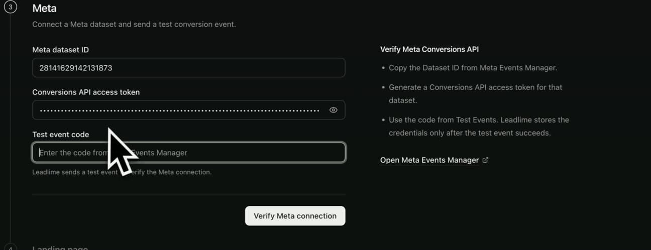Три поля підключення Meta: dataset ID, Conversions API token, test event code